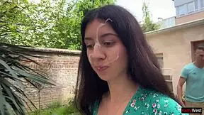 Hottie lost the game, so she walks with cum on her face