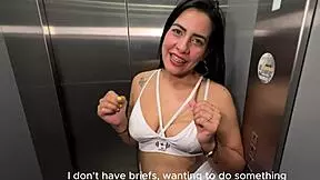 latina milf neighbor has interracial sex with young bbc guy in office elevator, takes off condom for vaginal creampie
