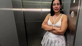 latina milf neighbor has interracial sex with young bbc guy in office elevator, takes off condom for vaginal creampie