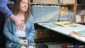Teen shoplifter works security guard with mouth and pussy