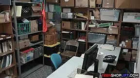 Teen shoplifter works security guard with mouth and pussy
