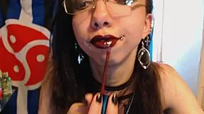 Young Goth Puts On Dark Red Lipstick And Plays With Huge Puffy Nipples