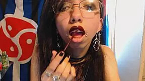 Young Goth Puts On Dark Red Lipstick And Plays With Huge Puffy Nipples