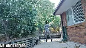 Outdoor walk in a bikini try-on