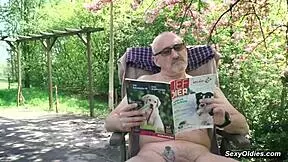 teen neighbor teases old man for outdoor sex in his backyard, leading to blowjob and fucking