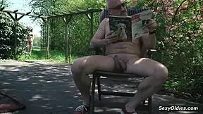 teen neighbor teases old man for outdoor sex in his backyard, leading to blowjob and fucking