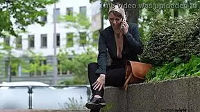 A submissive business woman is exposed in public wearing lingerie