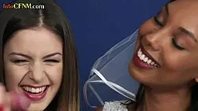 Ebony bride jerks old cock in threesome with best friend.