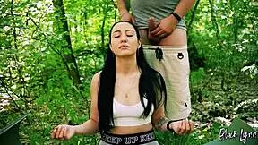 freeuse jerking on ponytail brunette during meditation, huge facial