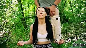 freeuse jerking on ponytail brunette during meditation, huge facial