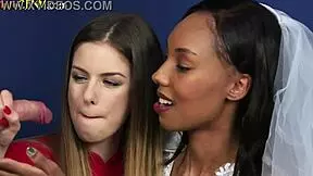 Ebony bride jerks old cock in threesome with best friend.