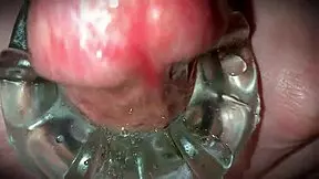 Young amateur solo masturbation with close-up cum oozing from monster cock