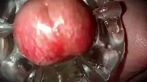 Young amateur solo masturbation with close-up cum oozing from monster cock