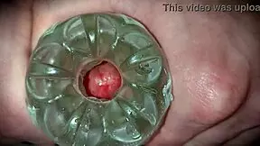 Young amateur solo masturbation with close-up cum oozing from monster cock