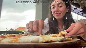Eating pizza with cum on my face in a public cafe
