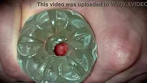 Young amateur solo masturbation with close-up cum oozing from monster cock