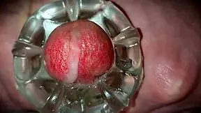 Young amateur solo masturbation with close-up cum oozing from monster cock