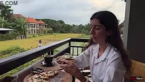 Eating pizza with cum on my face in a public cafe