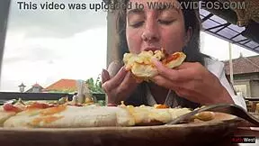 Eating pizza with cum on my face in a public cafe