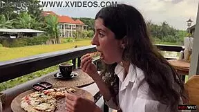 Eating pizza with cum on my face in a public cafe