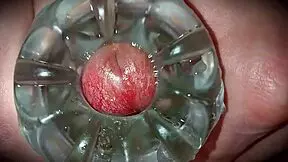 Young amateur solo masturbation with close-up cum oozing from monster cock