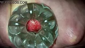 Young amateur solo masturbation with close-up cum oozing from monster cock