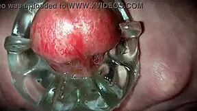 Young amateur solo masturbation with close-up cum oozing from monster cock