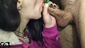 Girl in purple pajamas sucks and swallows cum expertly