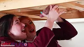 two college students milking cock and covering uniforms in cum