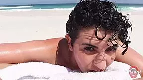 skinny african brunette with short hair and big ass gives deepthroat blowjob on beach ending with facial in front of bathers 😈