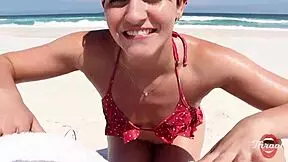 skinny african brunette with short hair and big ass gives deepthroat blowjob on beach ending with facial in front of bathers 😈