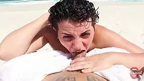skinny african brunette with short hair and big ass gives deepthroat blowjob on beach ending with facial in front of bathers 😈