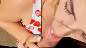 beautiful brunette gives intense blowjob by the river