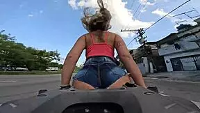 blonde beauty with huge ass riding motorcycle on highway, teasing all