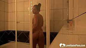 amazing brunette lets her man record her shower fingering and masturbating, so teasing