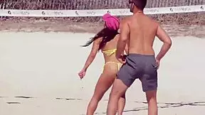 Can you believe this young girl in a micro bikini on the beach with her boyfriend's relatives?