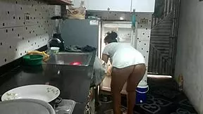 Stepmother's boyfriend can't resist my big ass, leading to rough kitchen fucking with his delicious cock and deep creampie.