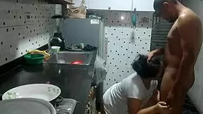 Stepmother's boyfriend can't resist my big ass, leading to rough kitchen fucking with his delicious cock and deep creampie.