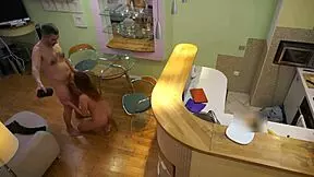 young redhead feels intense pleasure from old step dad's fierce fucking in kitchen