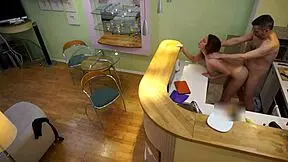 young redhead feels intense pleasure from old step dad's fierce fucking in kitchen
