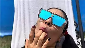 I masturbate outdoors in the public pool, showing my pussy and tits, wanting your cock and cum inside me