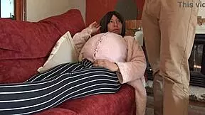 Horny pregnant stepmother tells stepson to fuck her hairy pussy!