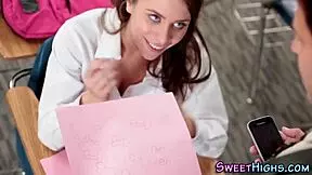 brunette teen coed in uniform gives hardcore blowjob ending in facial
