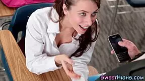 brunette teen coed in uniform gives hardcore blowjob ending in facial