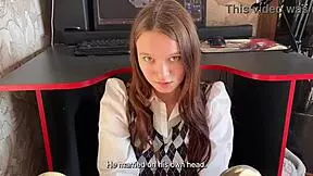 Stepdaughter stops stepfather from game but sucks dick with swallow