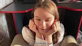 Stepdaughter stops stepfather from game but sucks dick with swallow