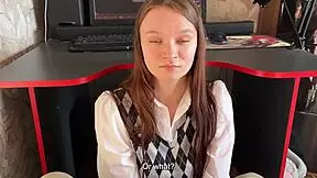 Stepdaughter stops stepfather from game but sucks dick with swallow