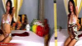 Pretty Face Ladyboy Poses In Bikini And Strokes Curved Cock