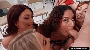 Five cum-hungry milfs surround the spermdonor.