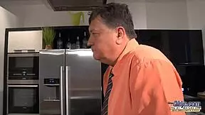 Sexy Redhead With Pierced Tongue Sucks Old Man Cock Then She Lets Him Fuck Her and She Swallows His Cum